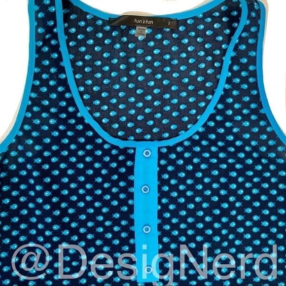 MODCLOTH RACERBACK HENLEY TANK TOP IN BLUE FISH TINY PRINT WOMEN’S SIZE SMALL - Picture 3 of 10